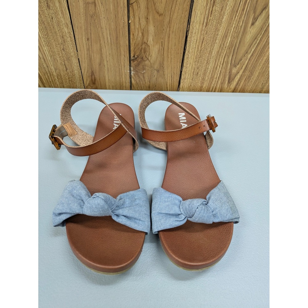 Chambray Bow Sandals Womens 11 Ankle Strap Buckle Flat‎ Coastal Cowgirl Casual